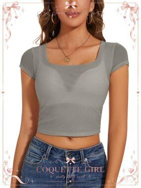 Sheer Mesh Square Neck Short Sleeve Crop Top Fitted Blouse